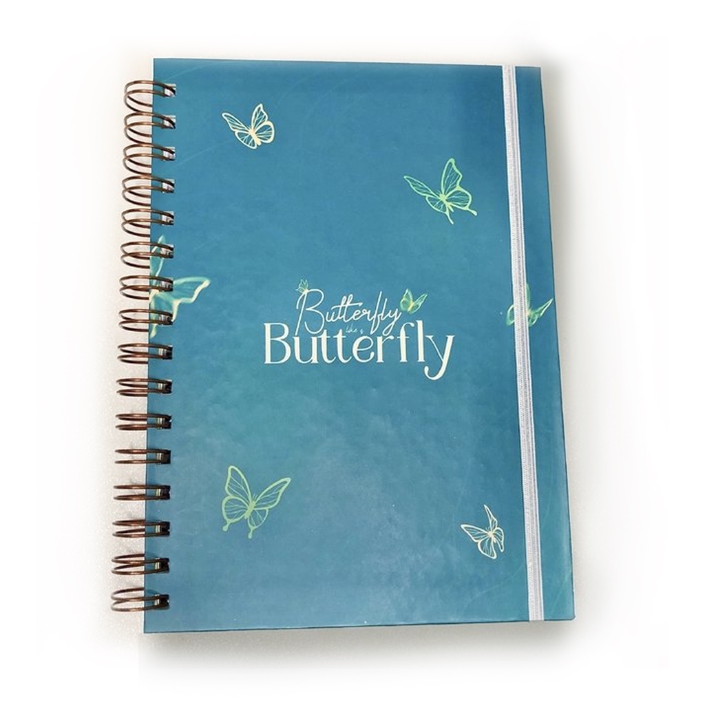 CADERNO PAUTADO BORBOLETAS AZUL VERDE SKETCHBOOK COM ELASTICO BRANCO PARA ESTUDAR TRABALHAR CRIATIVIDADE ORGANIZAÇÃO E PLANEJAMENTO