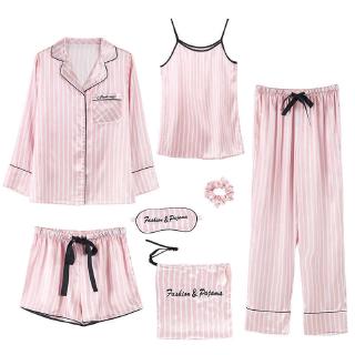 7 Pcs Mulher Pagar Conjunto Camisola + Top + Calça Longa Conjunto Listrado Sexy Feminino P...