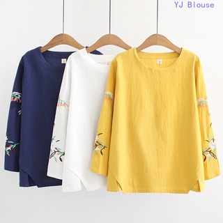 Blusa De Linho De Algodão Plus Tamanho Verão Feminino Estilo Coreano Retro Camiseta De Manga Longa Bordada Impressa