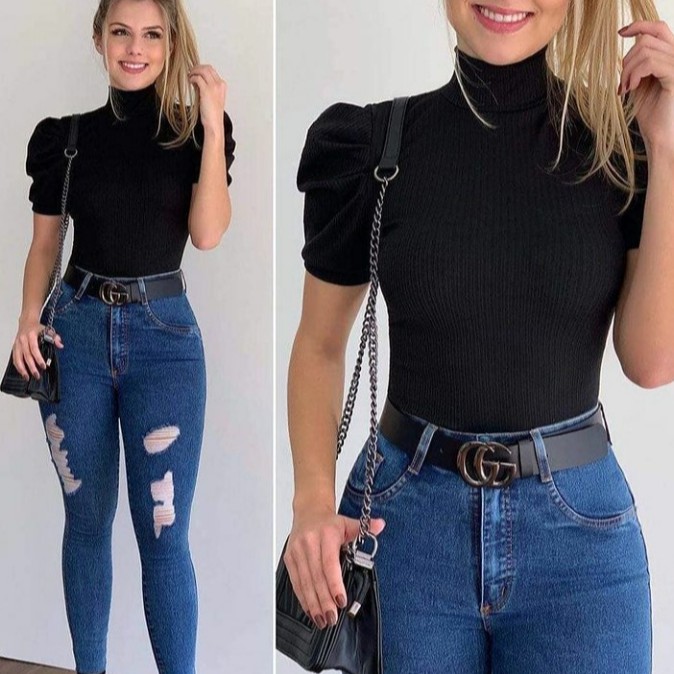 Blusa  manga curta princesa bufante malha canelada moda blogueira