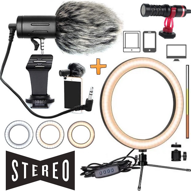 Kit Youtuber Microfone Direcional Cardióide Shotgun Celular Câmera Dslr Gravar Vídeo Ring Light Iluminador Mini Tripé