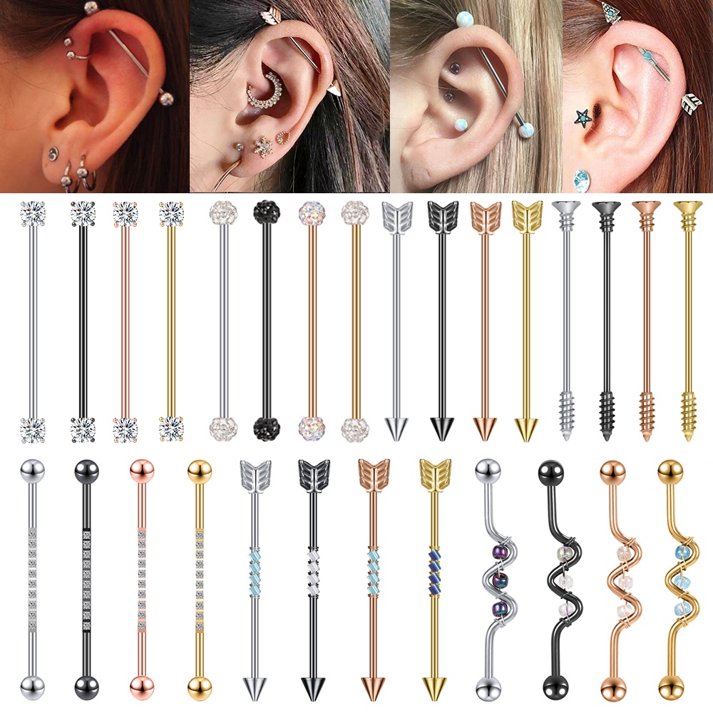 1 PC 14G 1.6mm CZ Gem Longo Industrial Barbell Brinco De Aço Inoxidável Seta Cartilagem Helix Corpo Piercing Jóias