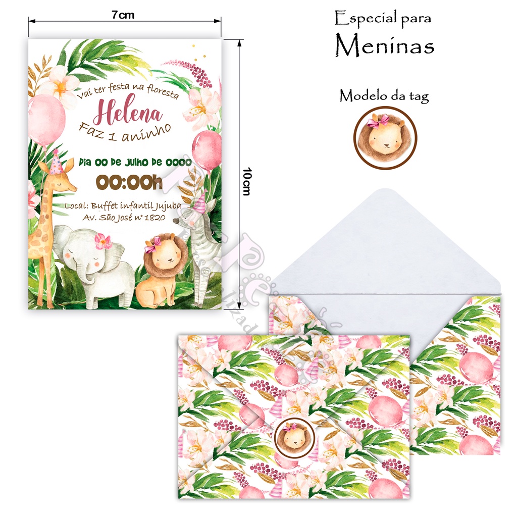 Convite Safari menina rosa + Envelope + Tag adesiva personalizado tamanho 10x7cm festa de aniversario cha de bebe