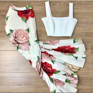 saia longa plissada moda feminina rosas cod 012