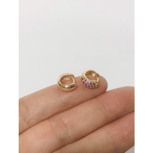 par de brinco argola infantil ou 2º furo banho ouro18 zircônia rosa