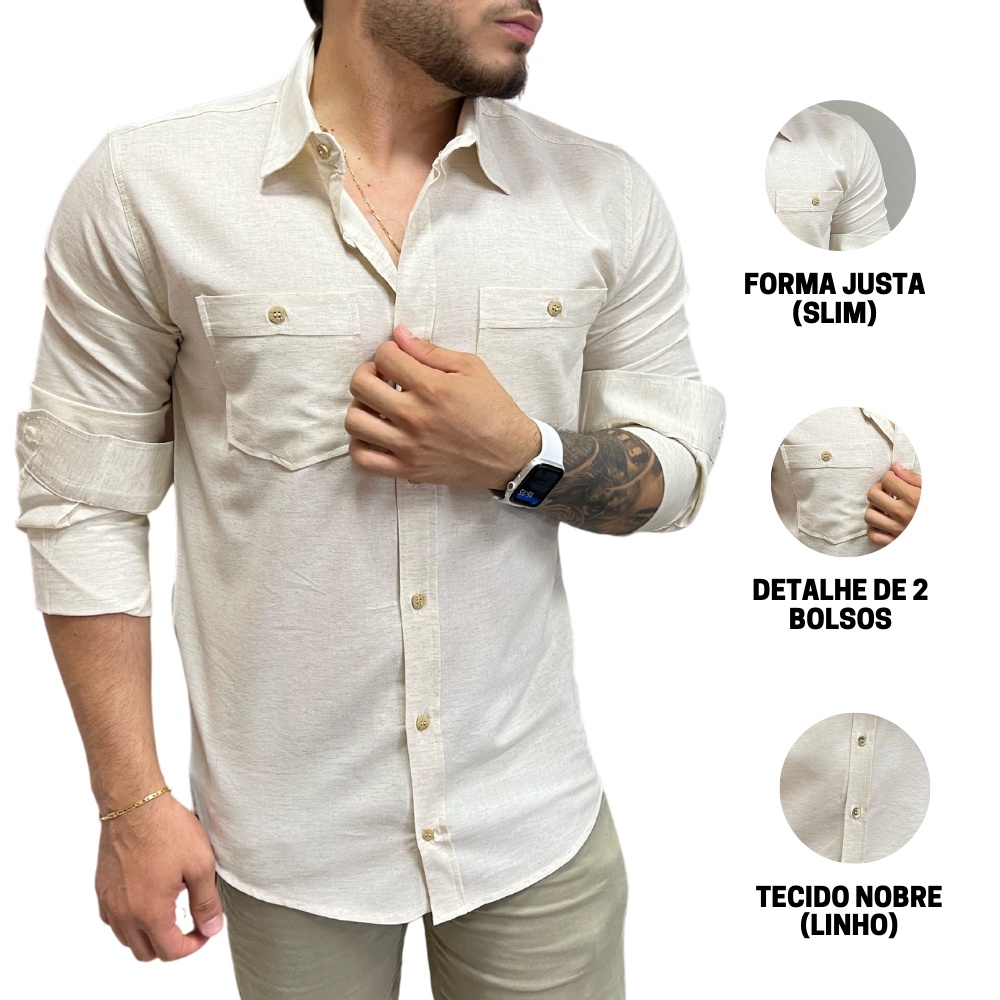 Camisa Social Masculina Manga Longa Slim Fit de Linho