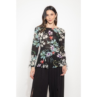 Blusa feminia estampado de Floral com manga longa amarrado poliester Azul e Vinho
