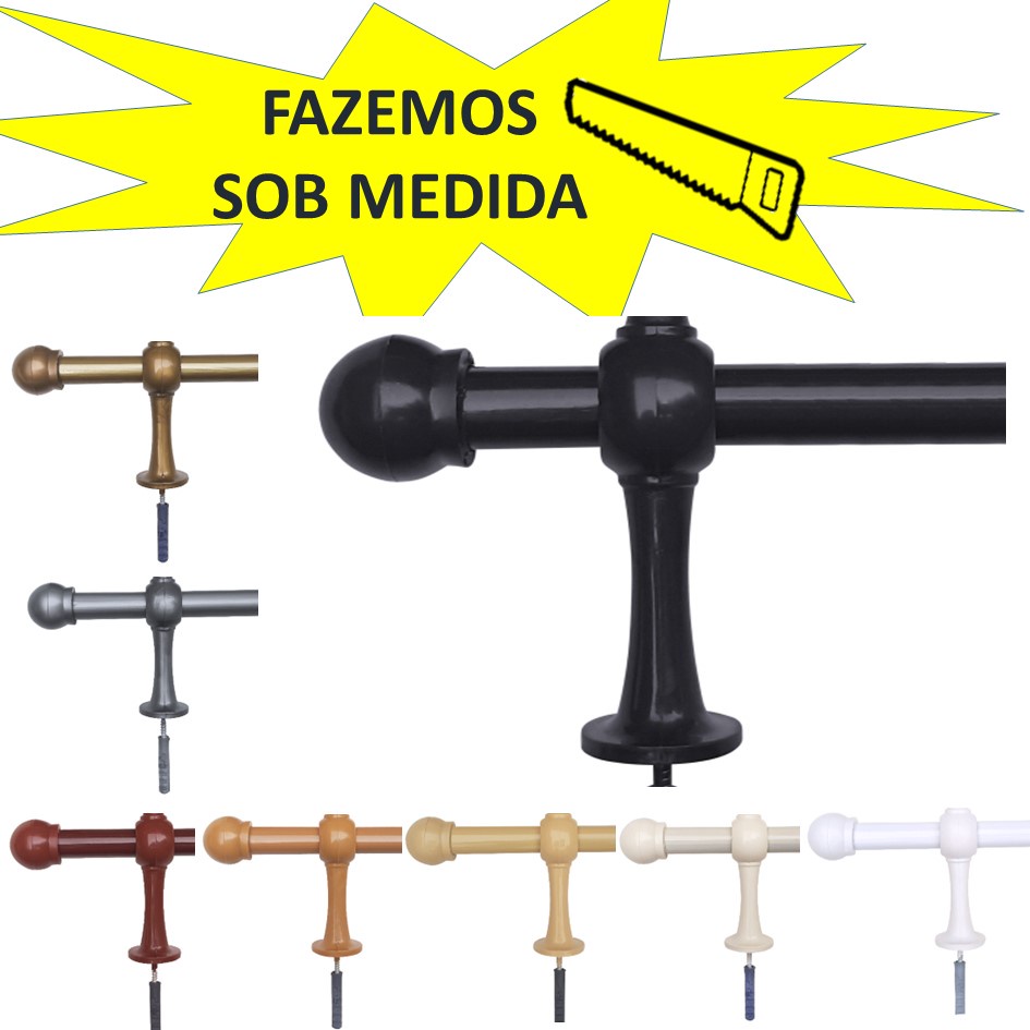 Kit varao para cortina 2,20 metro 19mm fino em aço ferro com ponteira e suporte janela quarto sala