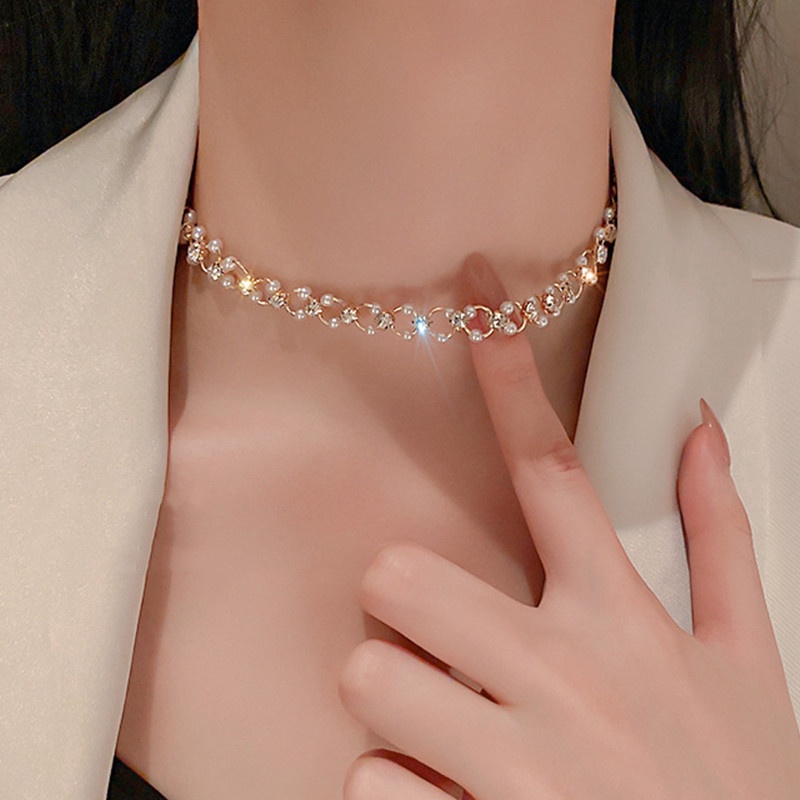 Gargantilha Com Corrente De Cristal De Pérola Fashion Para Mulheres/Bijuteria Feminina Festa De Casamento em Oferta na Shopee