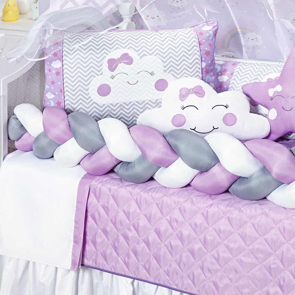 Kit Berço Nuvem Trança Lilas Novo Lua com 12 Peças Completo Menina
