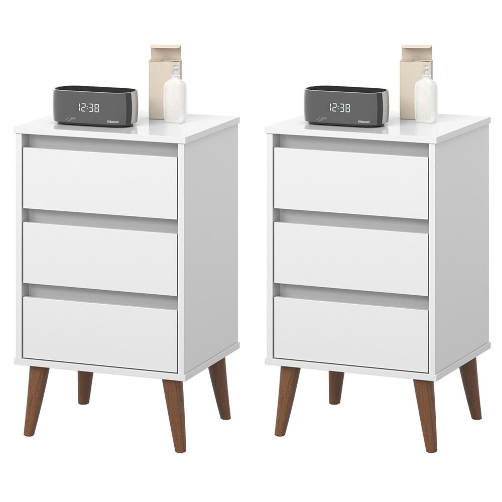Kit 2 Mesas de Cabeceira Branco Criado Mudo Wood Moderno para Quarto Casal e Solteiro