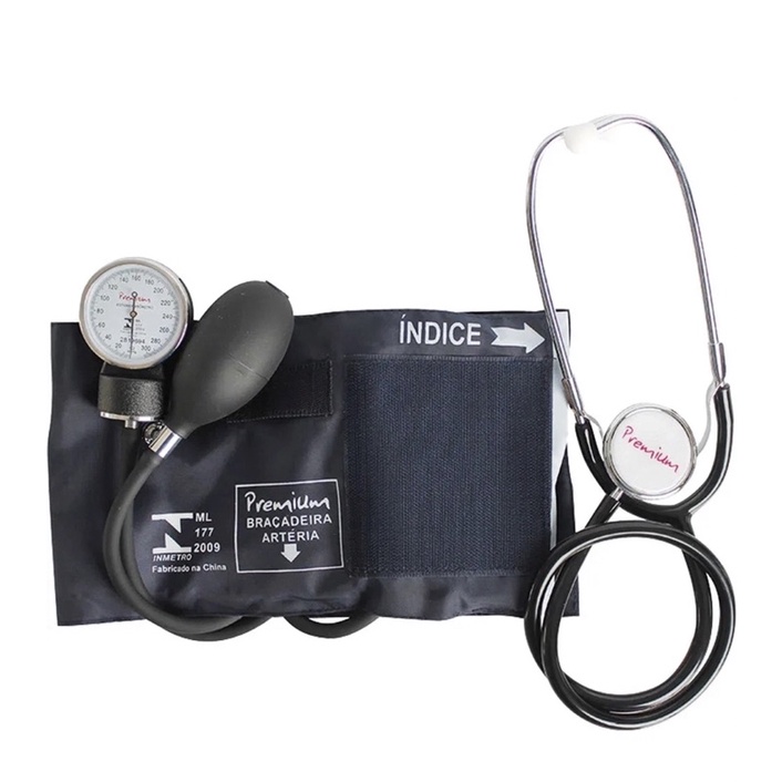 Aparelho de Pressão Premium Esfigmomanômetro Aneróide Adulto Velcro Azul Com Estetoscópio