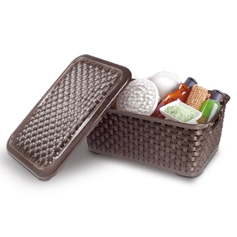 Caixa Rattan Organizadora Com Tampa Marrom 27 litros, Cesto Rattan Com Tampa