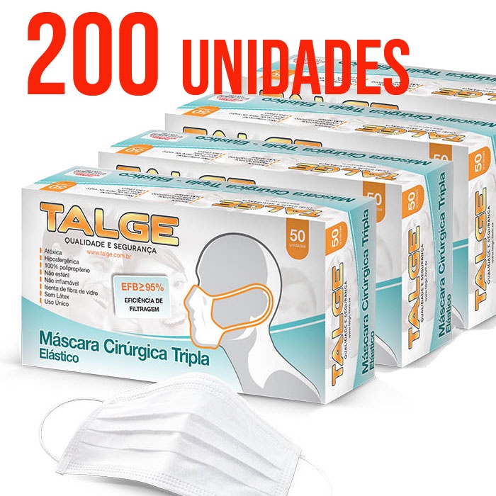 200 Unidades de Máscara Descartável Cirúrgica com Camada Tripla da Talge
