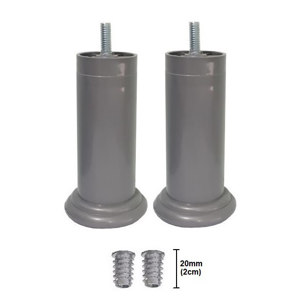 Kit 2 Pé Cama Box Cinza Plástico Fixo Rosca Parafuso 5/16 + Bucha Americana Metálica Queen King Casal