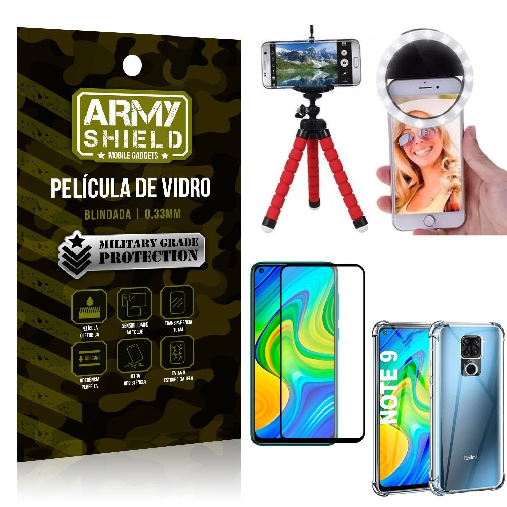 Kit Mini Tripé + Selfie Ring Light Redmi Note 9 + Capa Anti Impacto + Película Vidro 3D