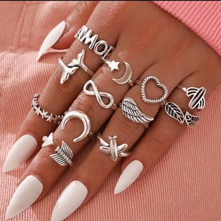 12 Pçs / Set Moda Esculpido Coração Asas Folha Anéis Set Folha Personalidade Estrela Lua Anéis Para Mulheres Dos Homens Do Punk Jóias Acessórios
