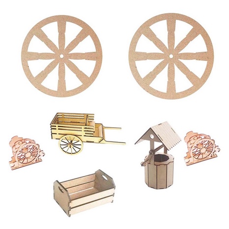 Kit -  2 Carroça 2 Poço 2 Caixote 2 Roda 2 Porta Guardanapo Em MDF Lembrancinha Decoração - Amoratto