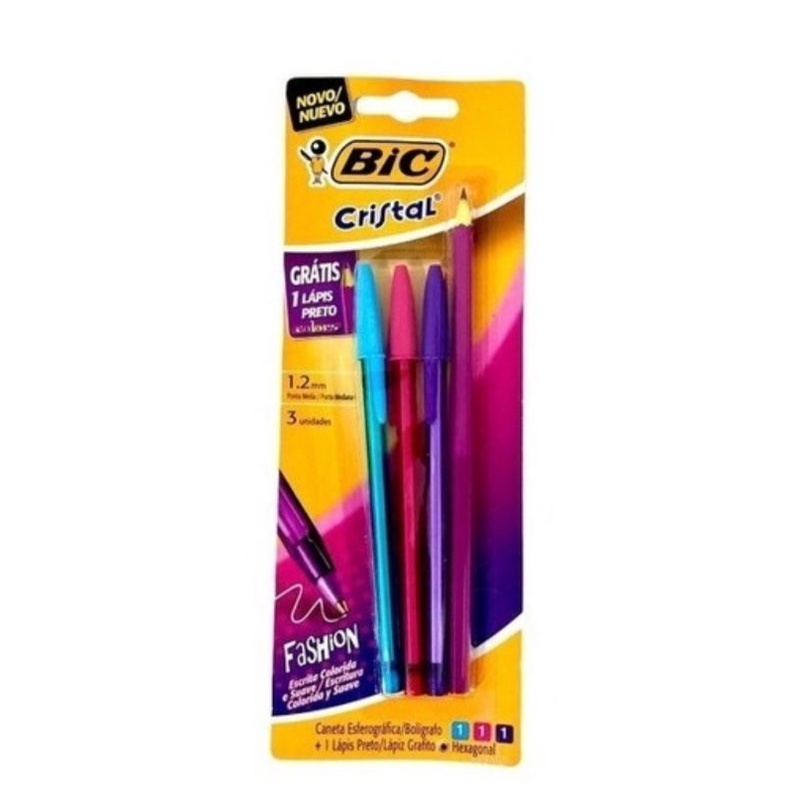 Kit Caneta Esferográfica Bic Cristal Fashion Colors Ponta Média + 1 Lápis Preto Hb / Papelaria  / Caneta Colorida