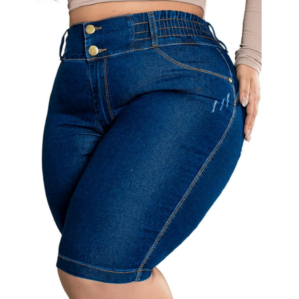 Bermuda Shorts Jeans Plus Size Ciclista Feminina Cintura Alta Cós com Elastico Elastano 44 ao 46