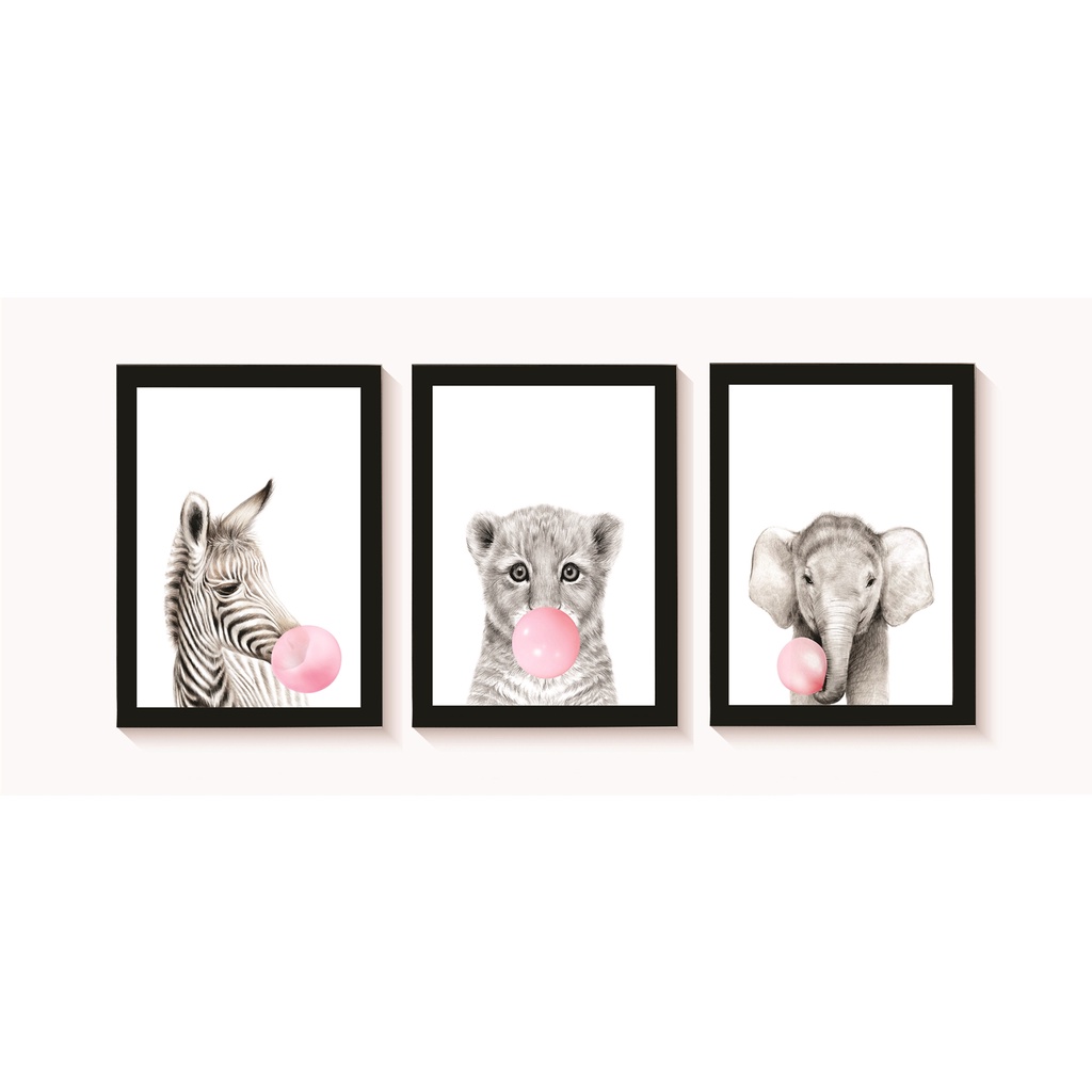 Kit 3 Quadros Decorativos Quarto de Bebê Menina Zebra Onça Elefante mascando Chiclete cor-de-rosa A4 Molduras Pretas