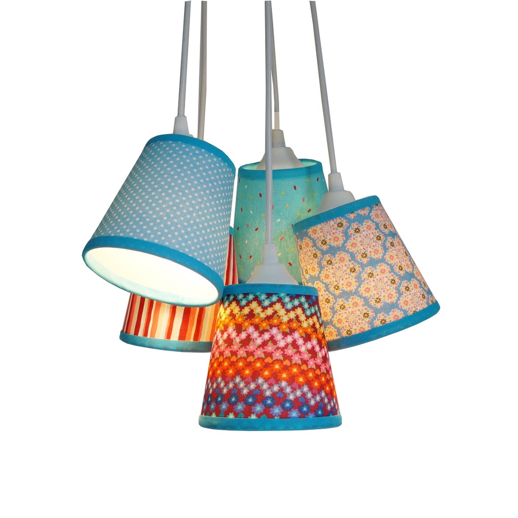Lustre Pendente Luminária de Teto Cacho Mix de Tecidos  Estampado Turquesa Bivolt