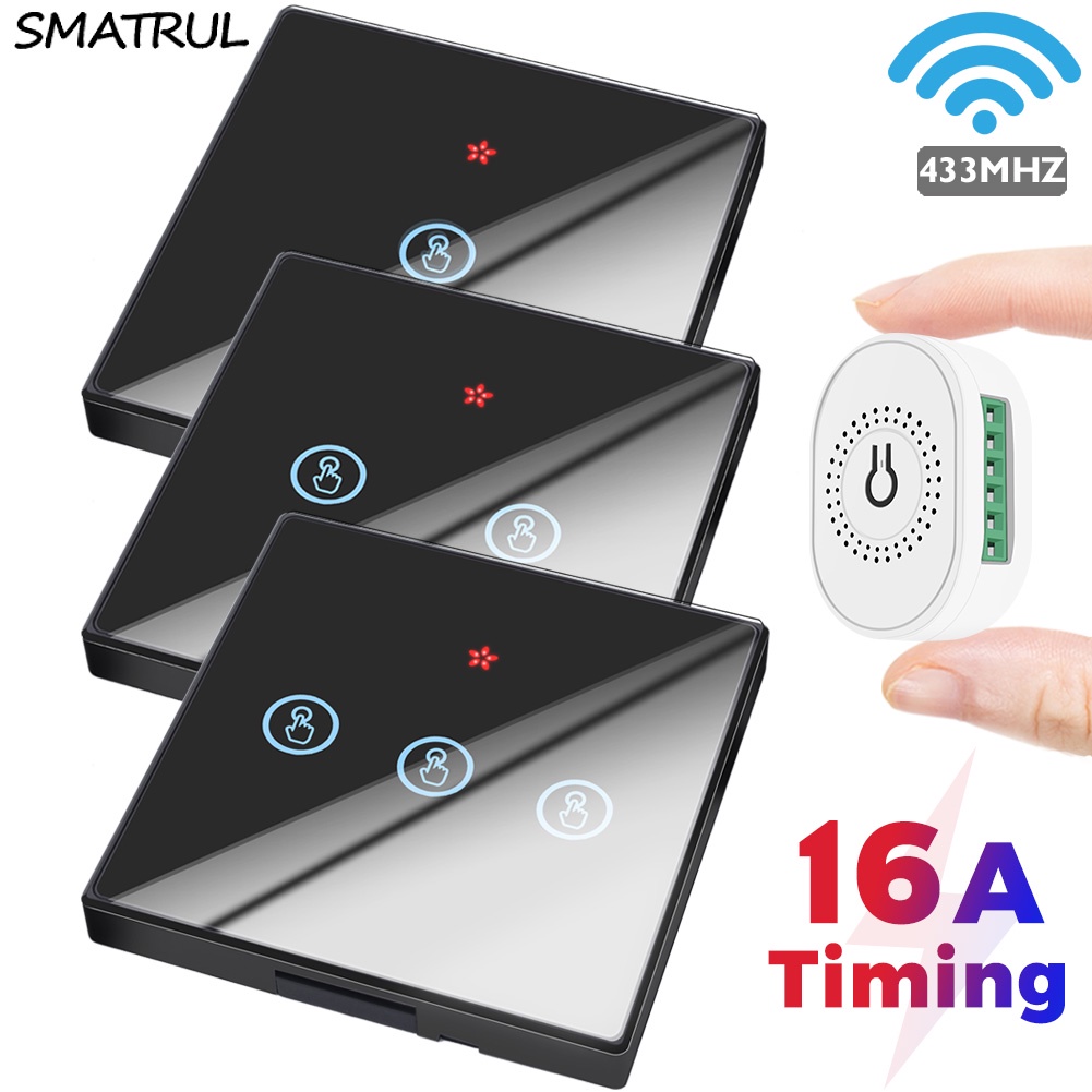 SMATRUL 16A Mini 2 Way Smart Home Wireless Touch Switch Light Module Breaker Electrical 433Mhz Remote Control Glass Screen Wall Panel On Off Led Lamp em Oferta na Shopee