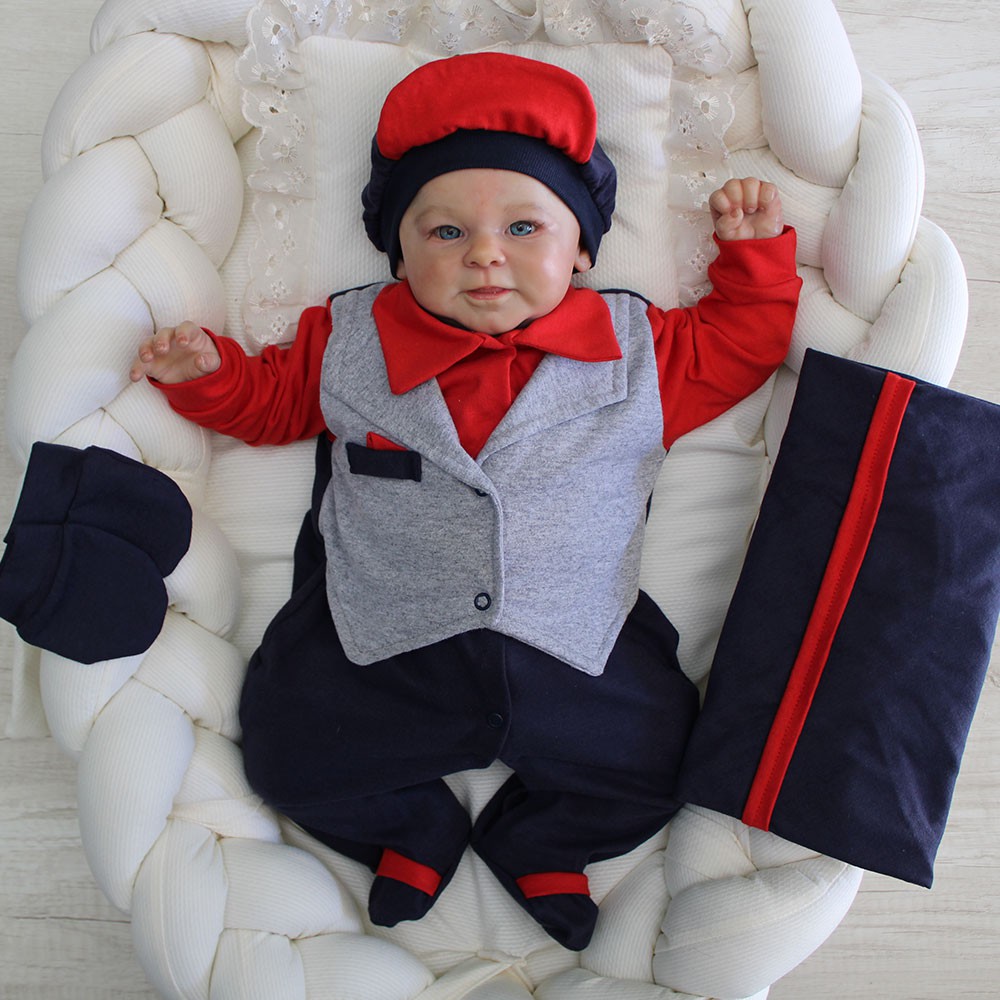 Kit Saída Maternidade Menino Azul Vermelho Cinza Com Colete Tam. Único