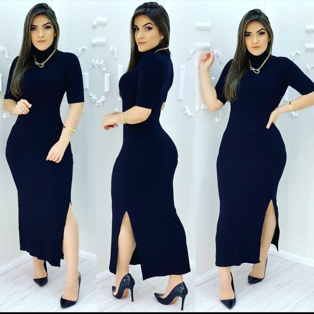 Vestido longo fenda lateral gola alta manguinha tecido canelado com elastano confortável