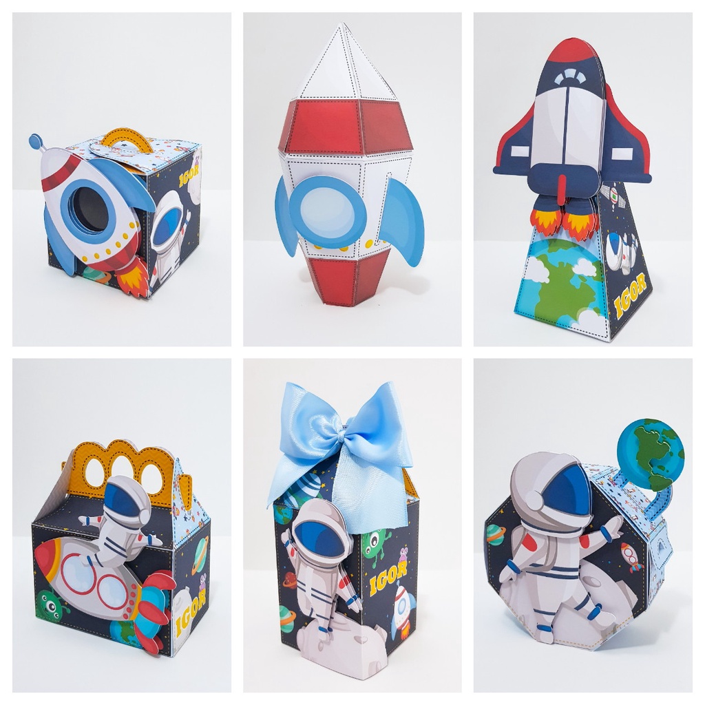 Kit Festa ASTRONAUTA Personalizado | Lembrancinhas | Decoração Aniversário | Caixa Milk Pirâmide