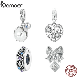 Bamoer Pingente 925 Coração De Prata Flor Rendas Arco Octopus shell Charme Beads Para As Mulheres Menina Diy Colar Pulseira Acessórios
