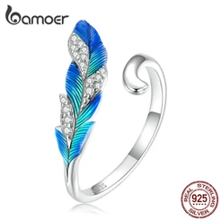Bamoer 925 Prata Deslumbrante Anel De Abertura De Penas Azul Para Mulheres Moda Simples Joalheria