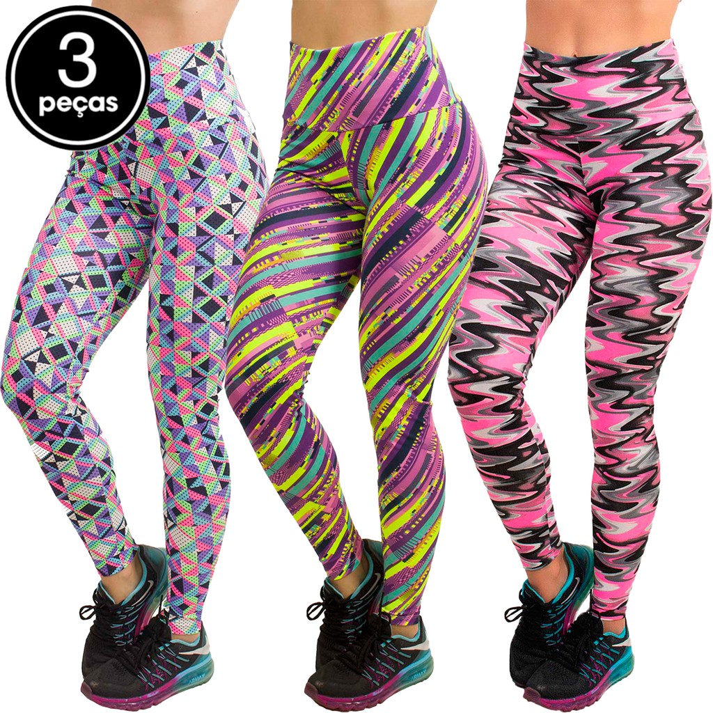 Kit 3  Calça Legging Estampada Leg Academia Moda Fitness Cós Alto Alta Qualidade