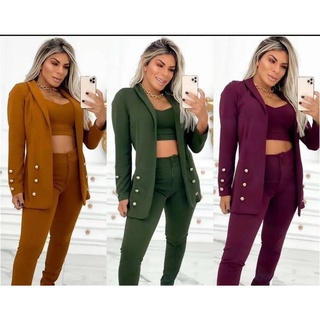 Conjunto Feminino 3 Três Peças Roupas Femininas Social Plus Size GG Moda Bloguerinha Max Blazer Longo Luxo Cropped Calça Conjuntos Verão Inverno Todas Estações Alfaiataria Calca Blusa Terno Ponto Roma Neoprene Alfaiataria Premium Trijunto