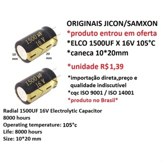 5 PÇS CAP. ELCO 1500UF X 16V CANECA 10*20MM SAMXON 105°C 16V 1500UF em Oferta na Shopee