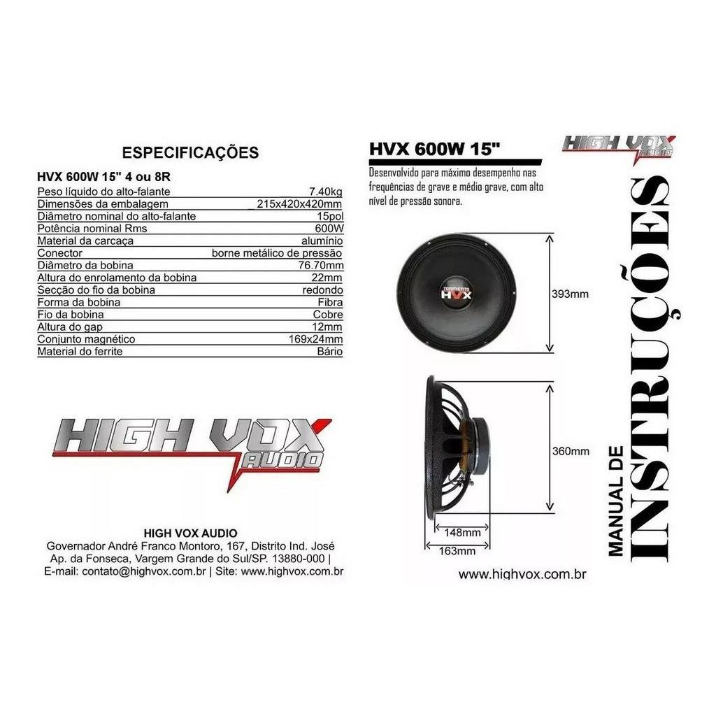 Detalhes do Alto Falante Woofer Tormento Hvx 15 Polegadas 600wrms 4ohms