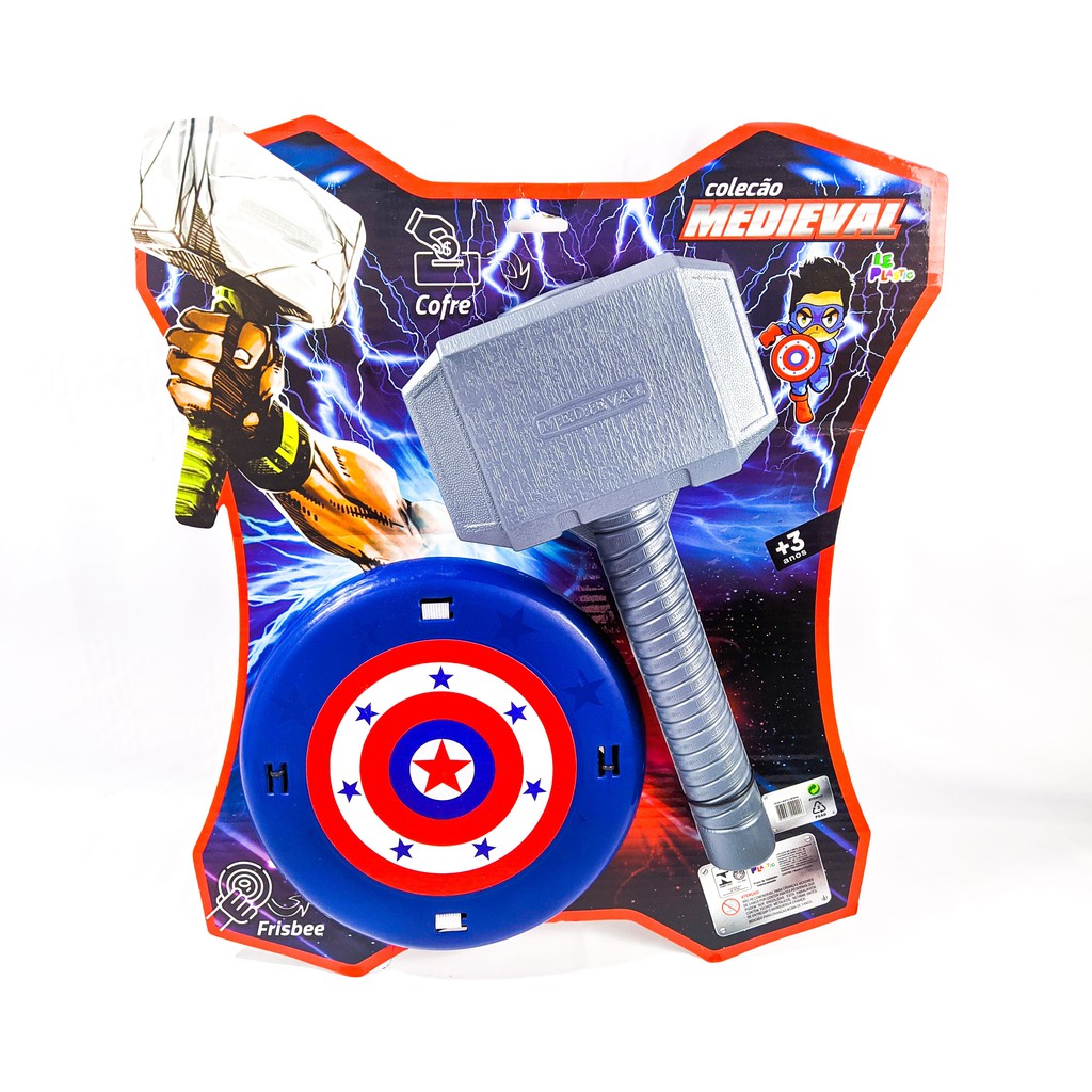Brinquedo Fantasia Kit Martelo e Cofre Thor Mjonir Grande Vingadores Escudo Capitao America Infantil