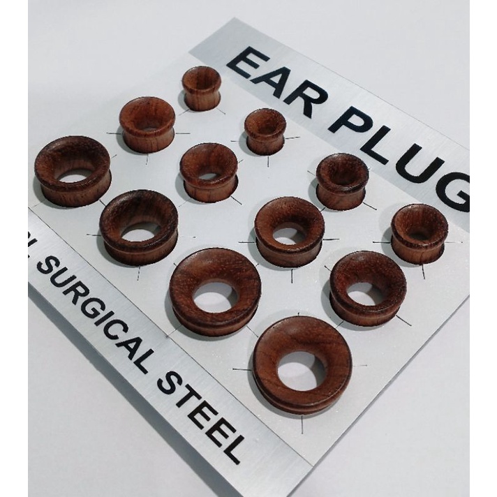 alargador plug madeira marrom vazado 10mm 12mm 14mm 16mm 18mm 20mm kit cartela tamanhos variados aba cavado piercing