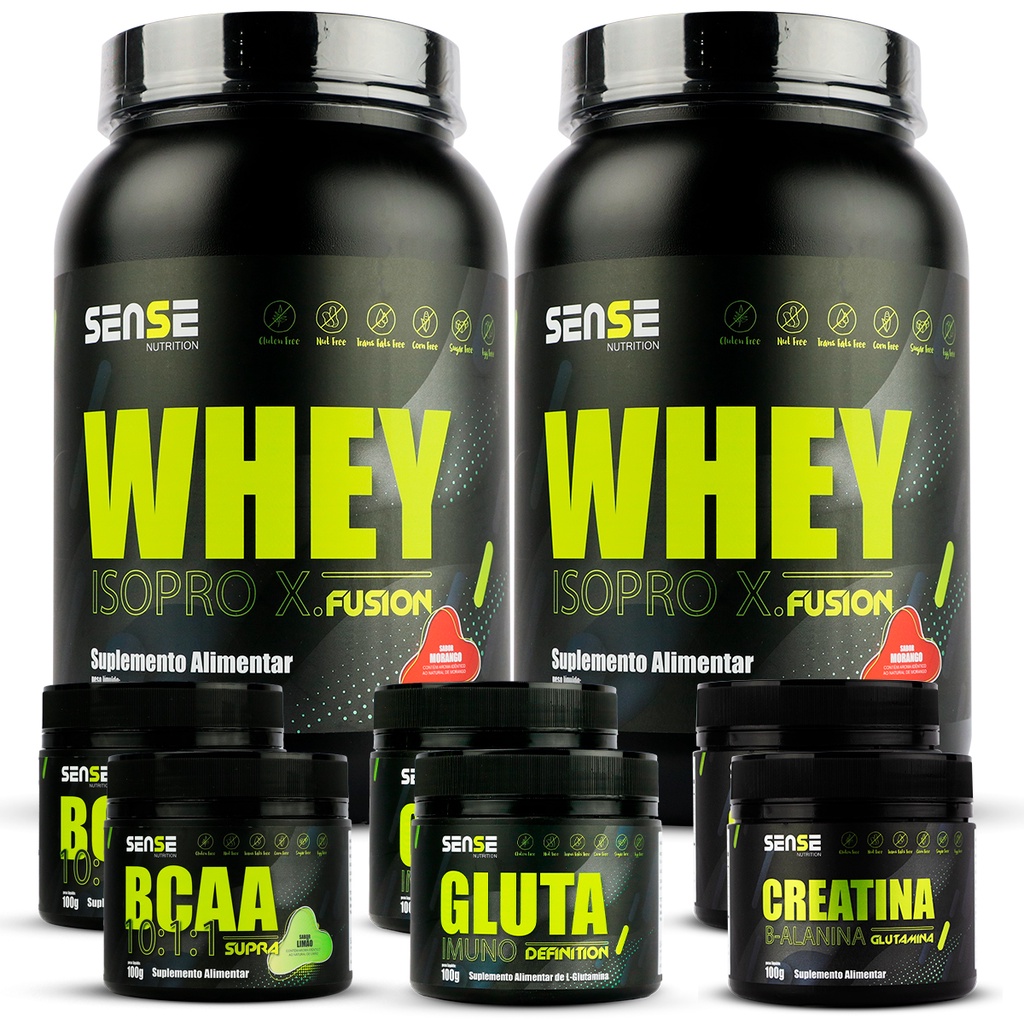 Combo 2 Whey Protein 900g + 2 BCAA + 2 Glutamina + 2 Creatina Sense