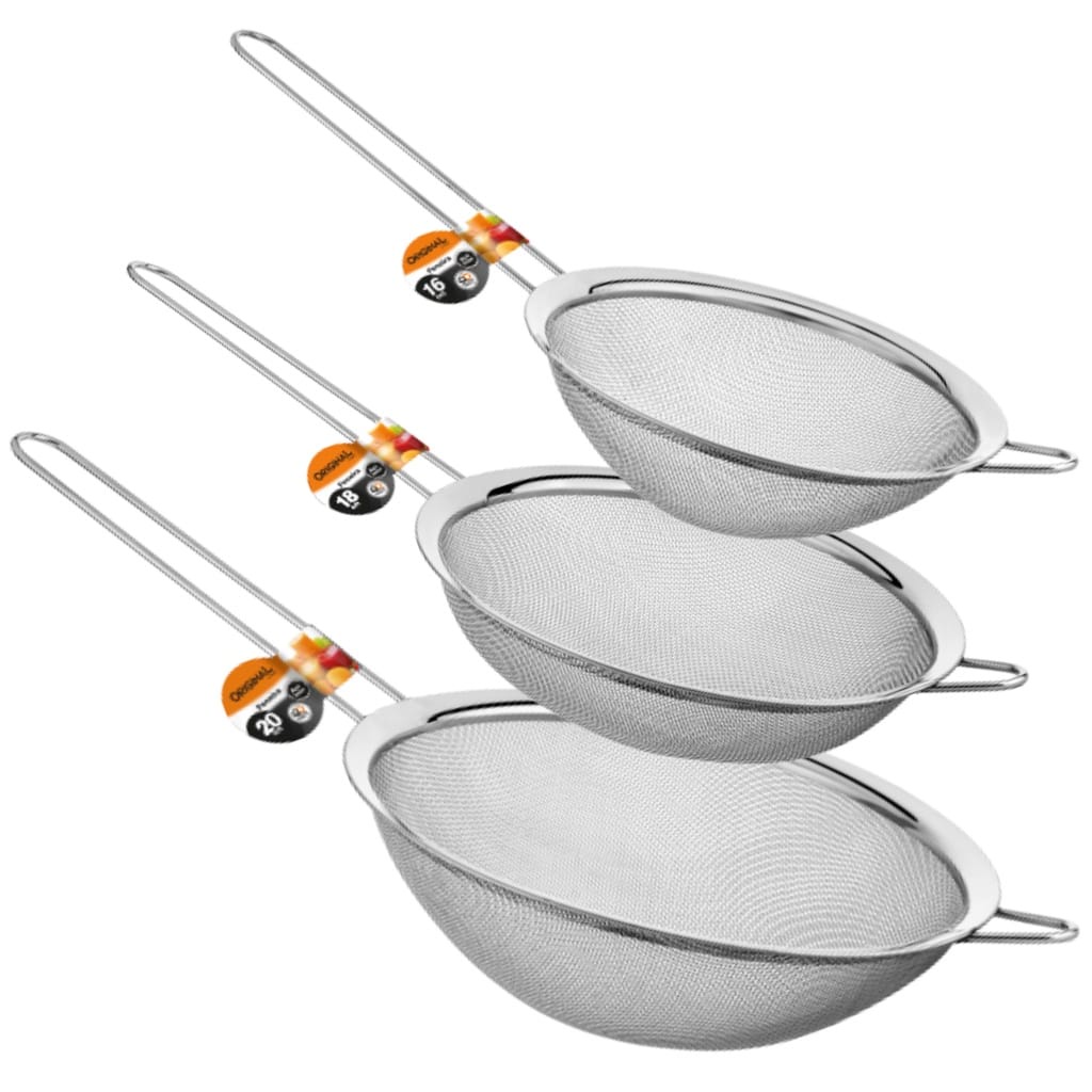 Kit Peneira Aço Inox 3 Unidades Metal Coador Cozinha P, M, G  Utensílios Domésticos 08, 10, 12cm