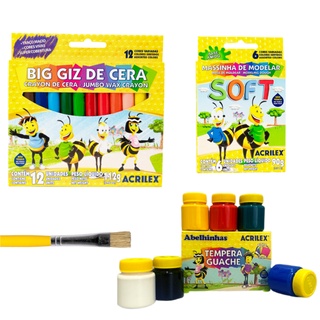 Tinta Guache 06 Cores, Gizão De Cera Jumbo Para Crianças ,Massinha para Modelar 06 Cores e Pincel Kit Combo Escolar