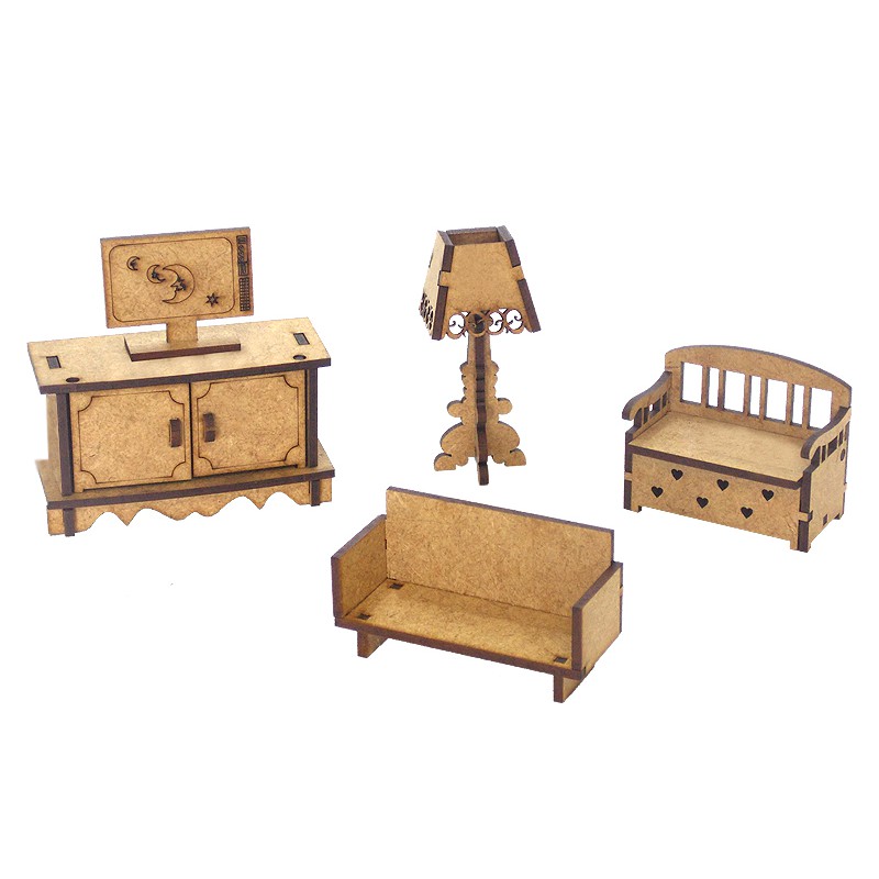 Conjunto Miniatura Sala Com 5 Peças Sofá Abajur Tv Comoda Baú Mdf