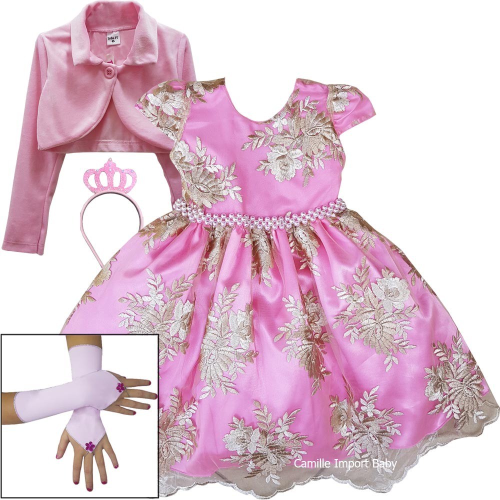 Vestido Princesa Realeza Rosa Dourado Daminha Casamento Festa Luxo Com Bolero,Luva e Tiara de Coroa.