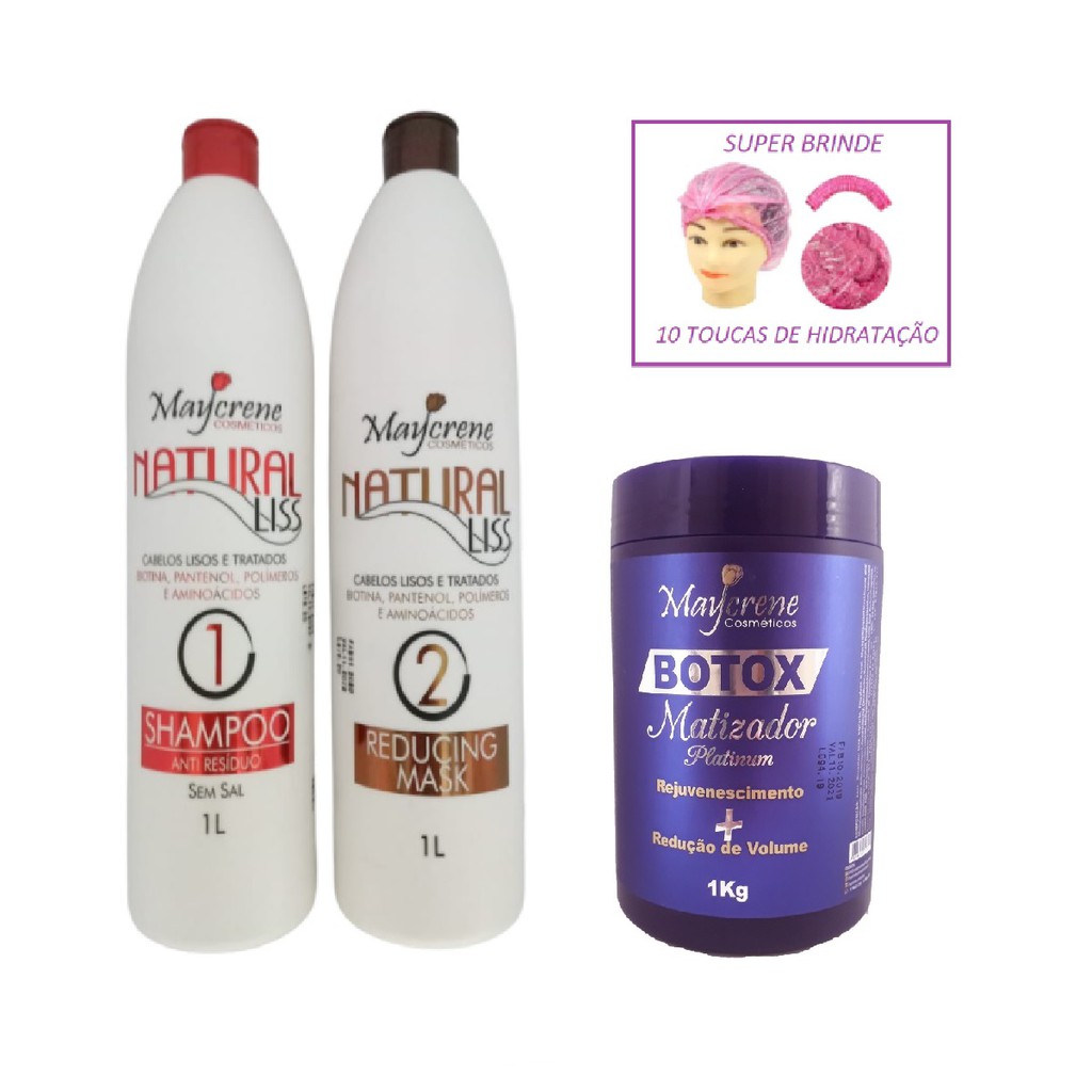 Botox Matizador Platinum 1kg + Escova Progressiva 1l Naturiun (10 Toucas de Amaciamento e Banho Rosa BRINDE)