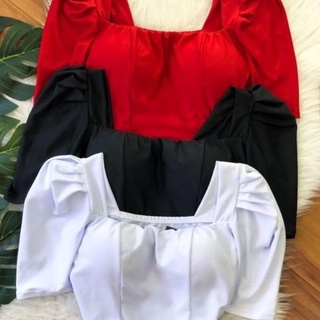 Blusa cropped reto manga curta bufante feminino