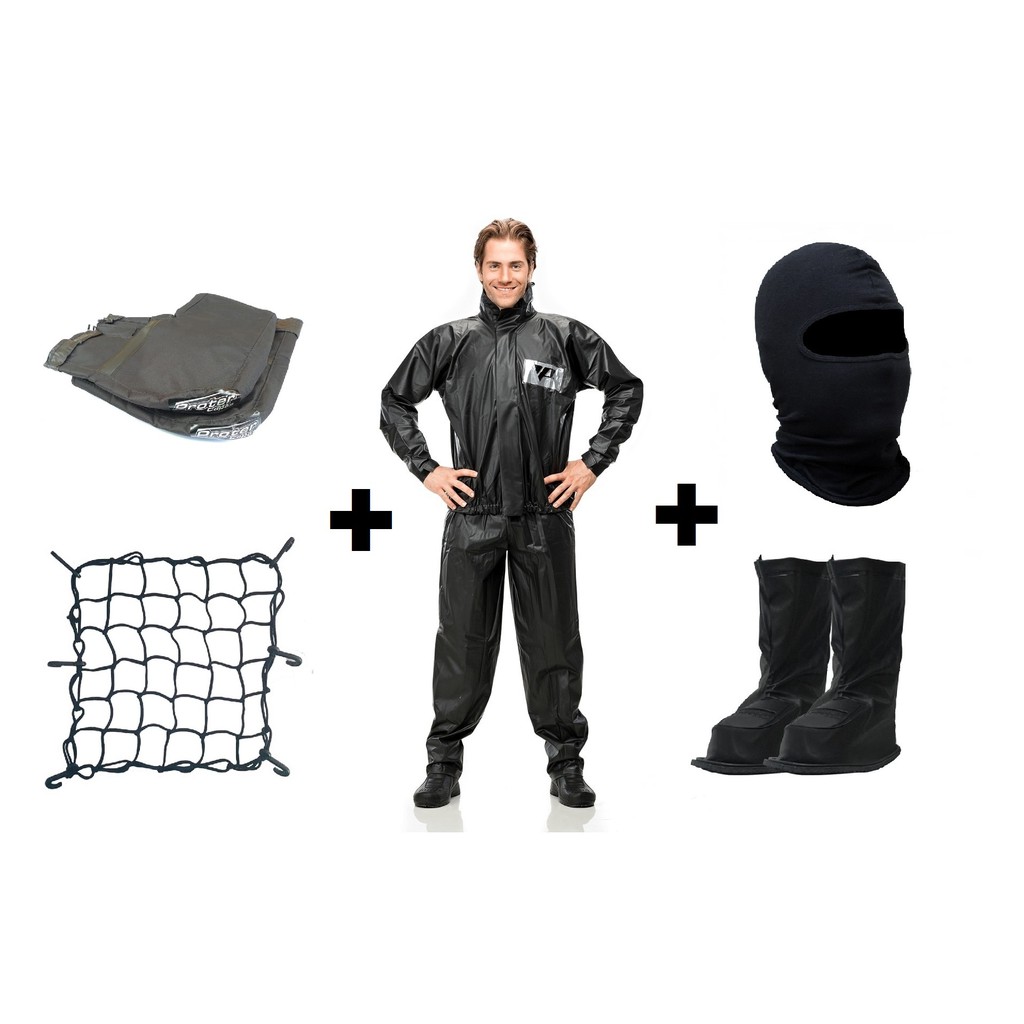 Kit Conjunto Capa De Chuva Jaqueta Calça Em Pvc+Polaina Galocha+Touca Ninja Balaclava + Rede Elastica+ Luva Guidão Moto