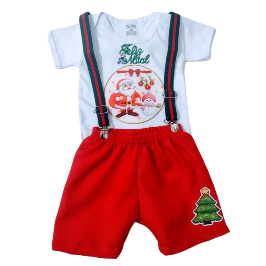 Conjunto De Natal Infantil Bebê Menino Shorts + Body + Suspensório Roupa Festa