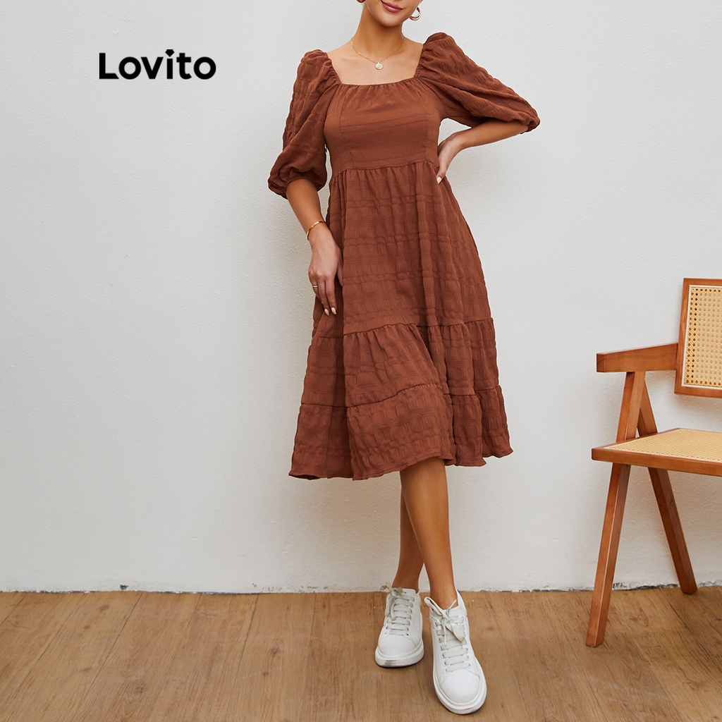 Lovito Vestido De Baile Manga Bufante Vestido De Costura L20D069 (Marrom)