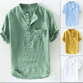 Camisa De Algodão/Linho Masculina Folgada/Respirável/Gola Stand-Up/Estilo Fino/Cor Lisa