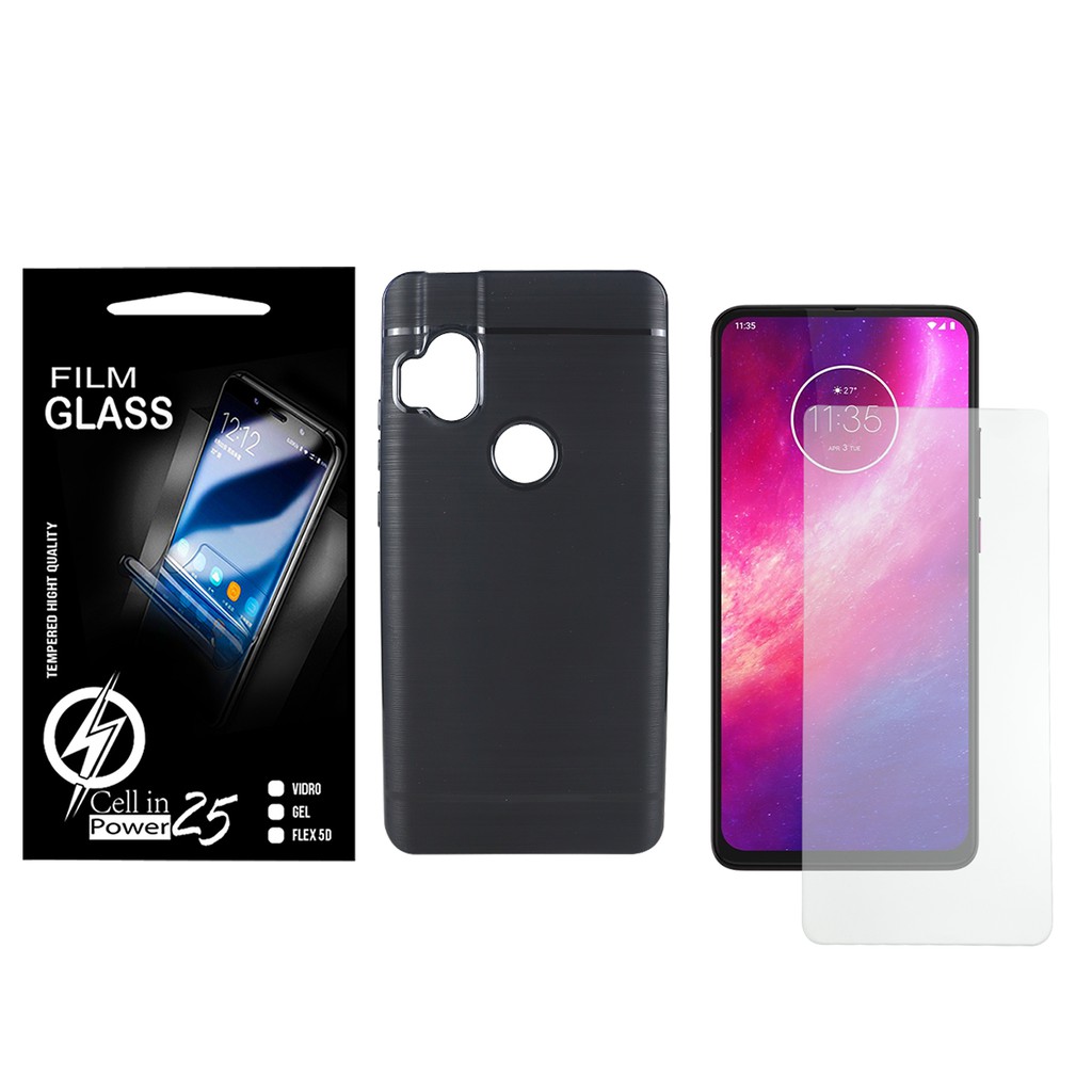 Capa Capinha Case Emborrachada Carbon Preta + Pelicula de vidro  Motorola Moto One Hyper Xt2027-1